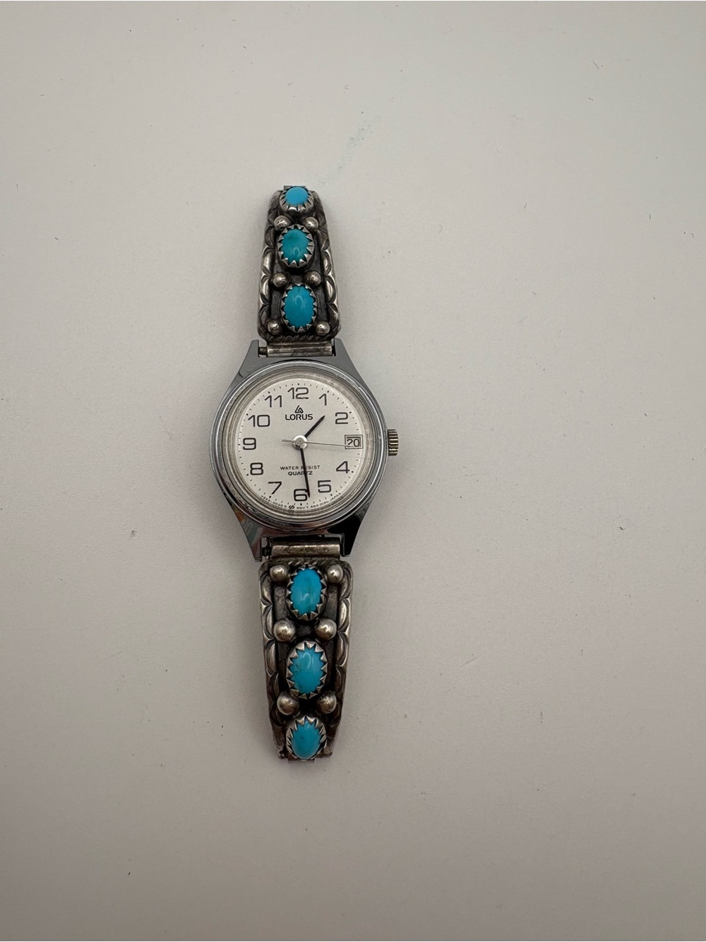 Sterling Silver Stamped & Turquoise Cabochons Watch Tips Lorus Dial Watch Works!